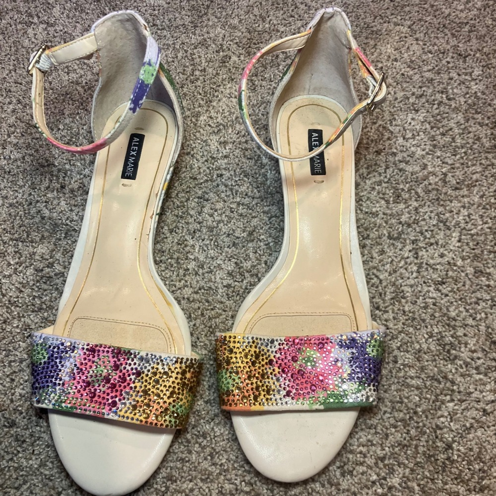 Alex Marie Floral Rhinestone Low Wedge Sandals White‎ Ankle Strap 8.5M Sparkly